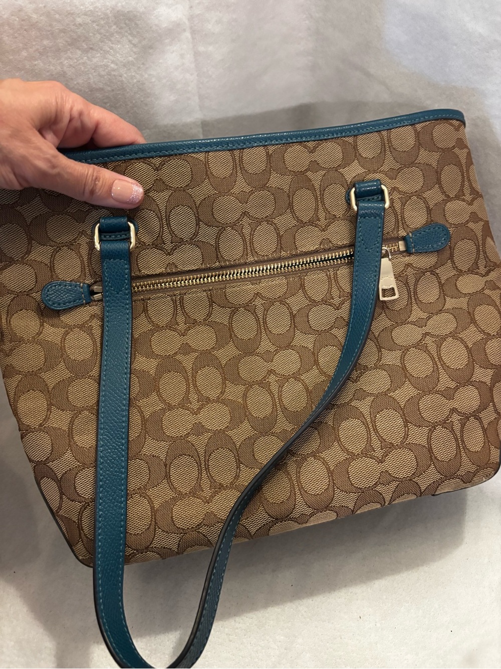 Coach Signature Canvas Tote with Teal Leather Trim - Picture 3 of 8